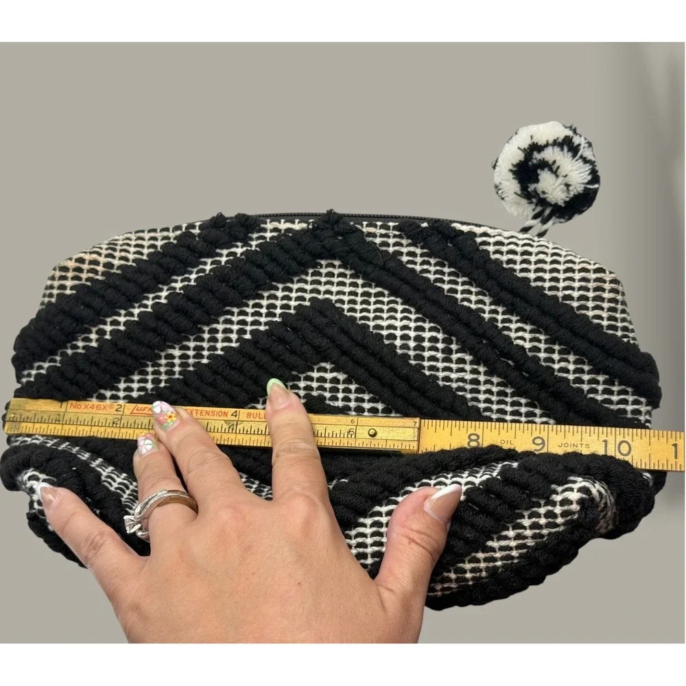 Boho Black White Geometric Tufted Pouch Pom Pom Tassel Makeup Bag Clutch India
